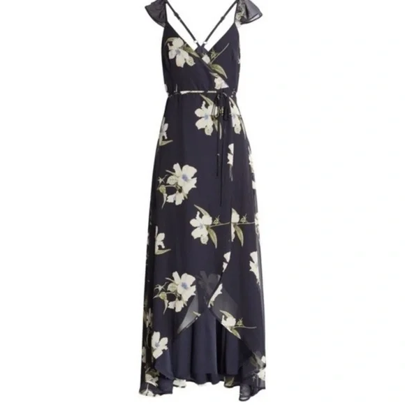 Lulus All Mine Navy Blue Floral Print High-Low Wrap Dress size M bridesmaid - Picture 3 of 13